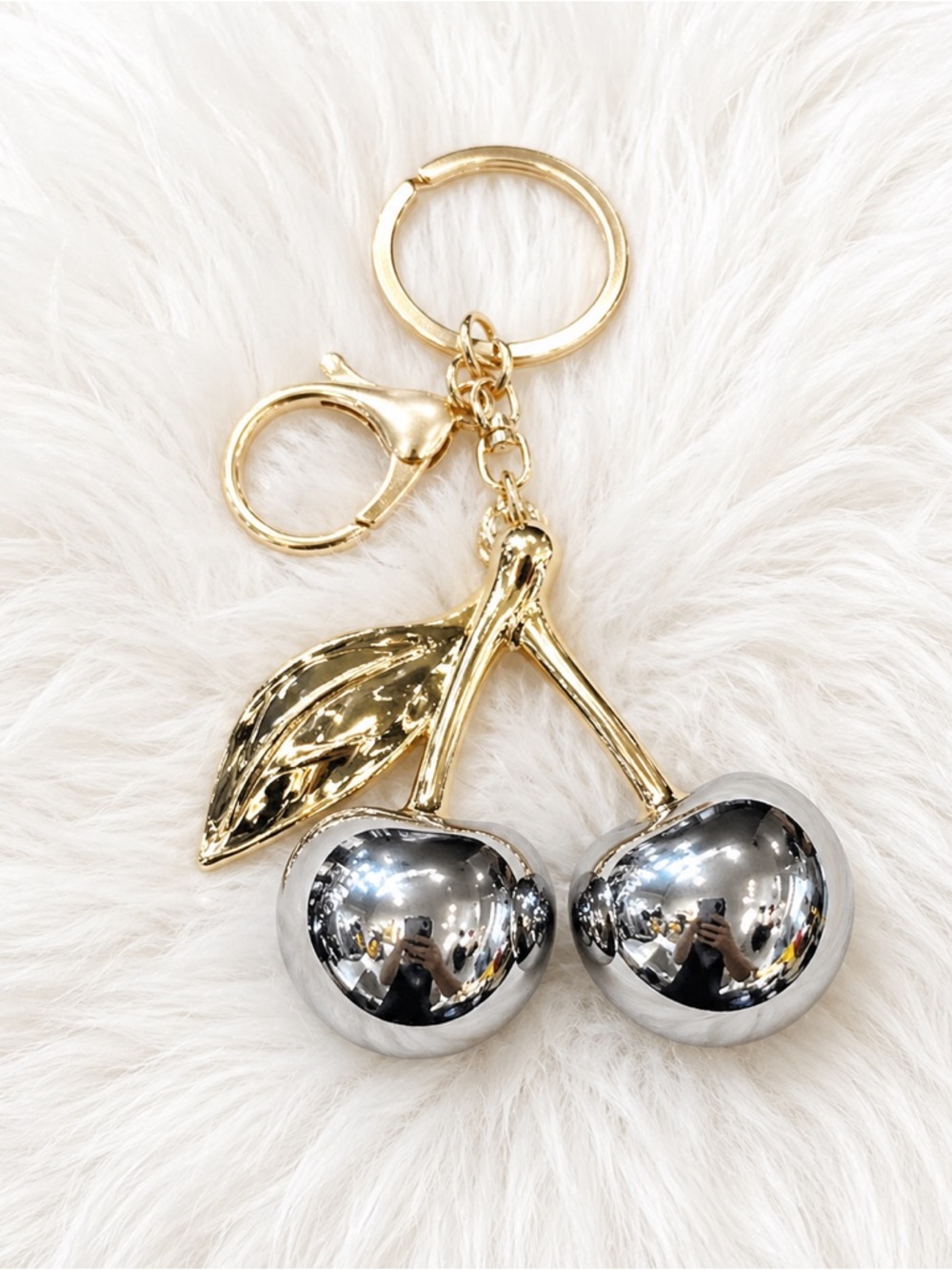Silver Cherry Keychain Gold Leaf Bag Charm